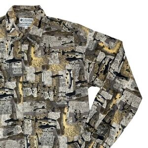 Vintage Columbia Brook Trout‎ Newspaper Print Fishing Shirt Gorpcore 2001
